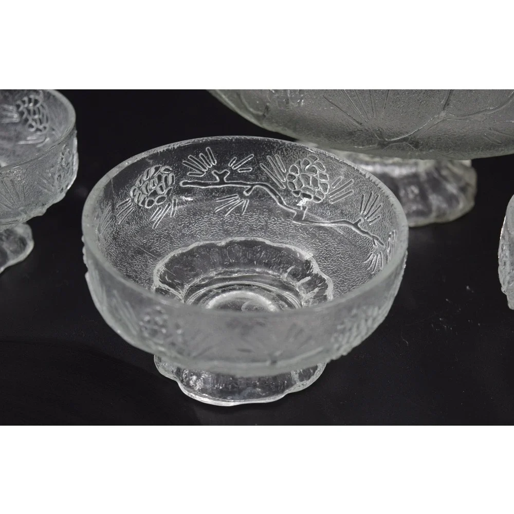 Vintage Pinecone Textured Glass Pedestal Bowl and 4 Serving Cups Set Clear Good